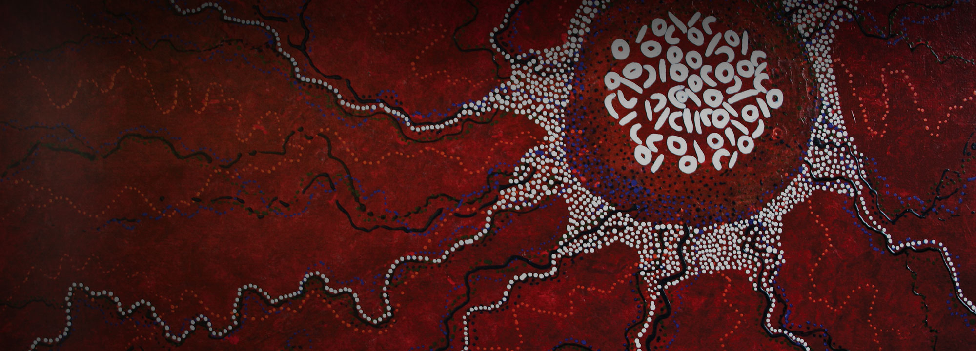 painted indigenous artwork with a red background and grey, black and white foreground colours