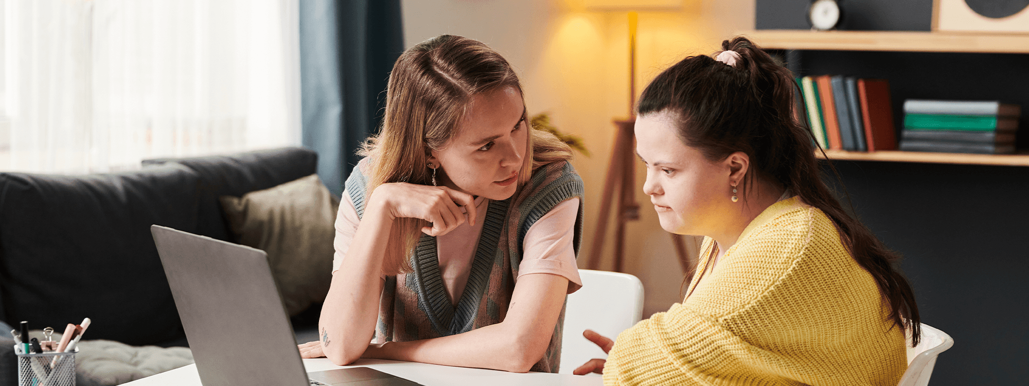 a carer helping a client on the computer