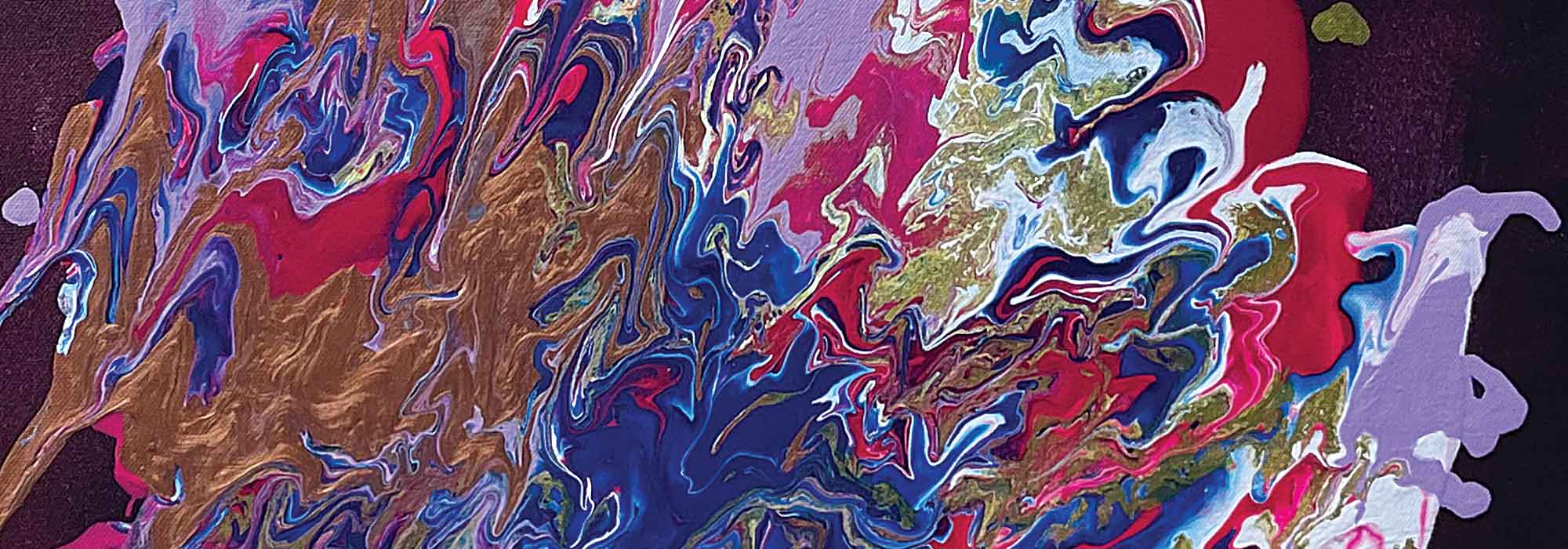 Close of of Pauline's painting dark purple, red, gold and blue.