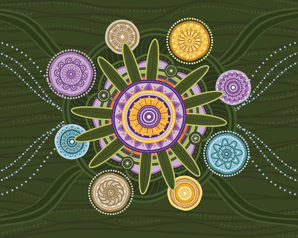 An artwork by South Sea Islander and Butchulla artist and designer Tarni O’Shea, featuring a central element representing rejuvenation of the land through fire, constructive conversations, and creating an environment of learning and healing. This is surrounded by nurturing elements depicting UnitingCare business functions. Freshwater and saltwater flows around this, connecting UnitingCare to people far and wide.