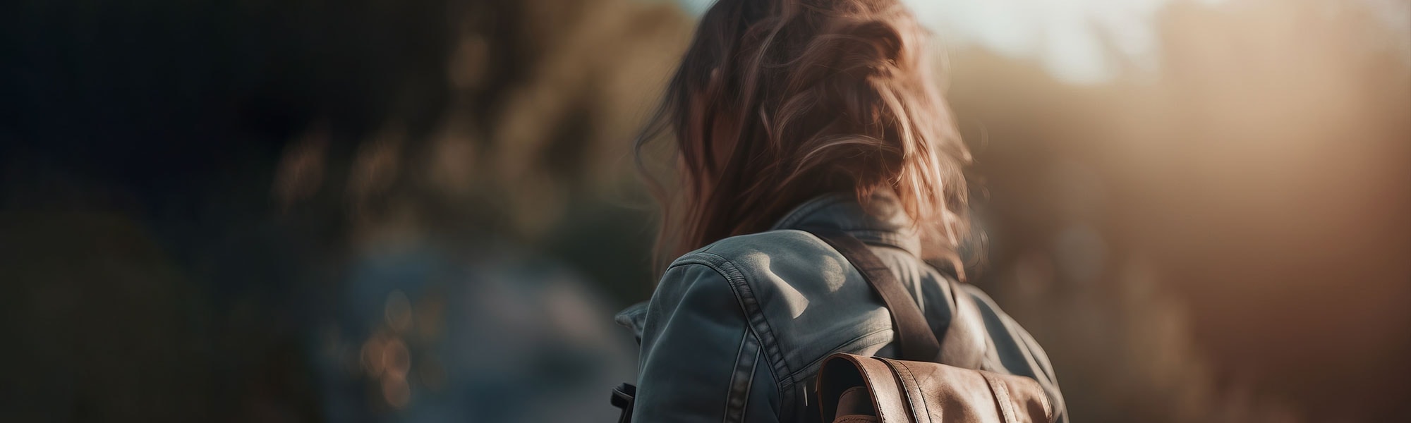 A view from behind of a young girl with a backpack.