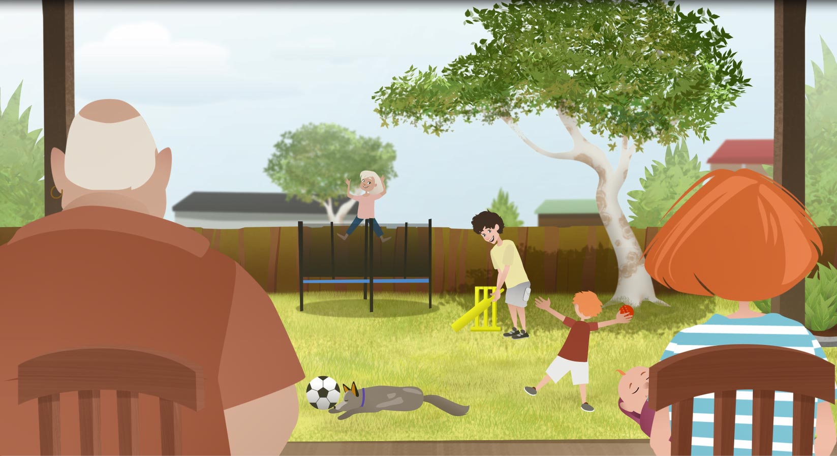 Illustration of children playing in a backyard with two carers watching